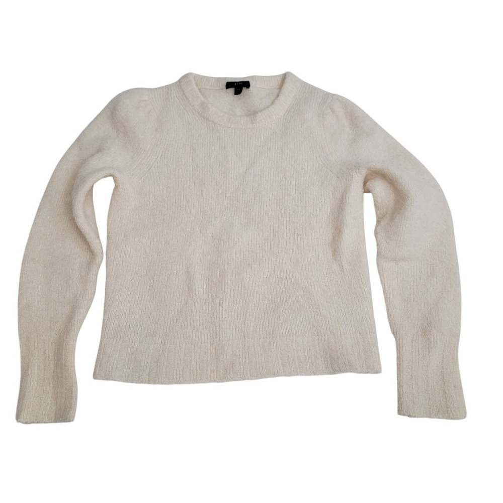 J. Crew Alpaca Merino Wool Blend Puff Sleeve Crewneck Sweater Fuzzy Cream XS